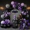Purple Black Balloon Arch Garland Kit with Gothic Backdrop, Bow Star Mylar Balloons, Black White Striped Party Decor for Gothic Birthday, Halloween, K-Pop & Spooky Themed Events